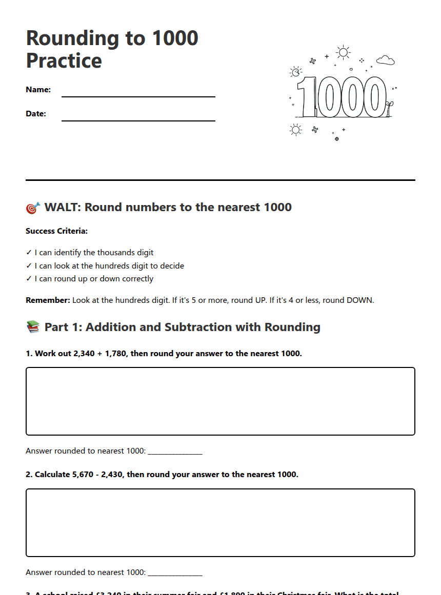 Rounding to 1000 Practice worksheet preview
