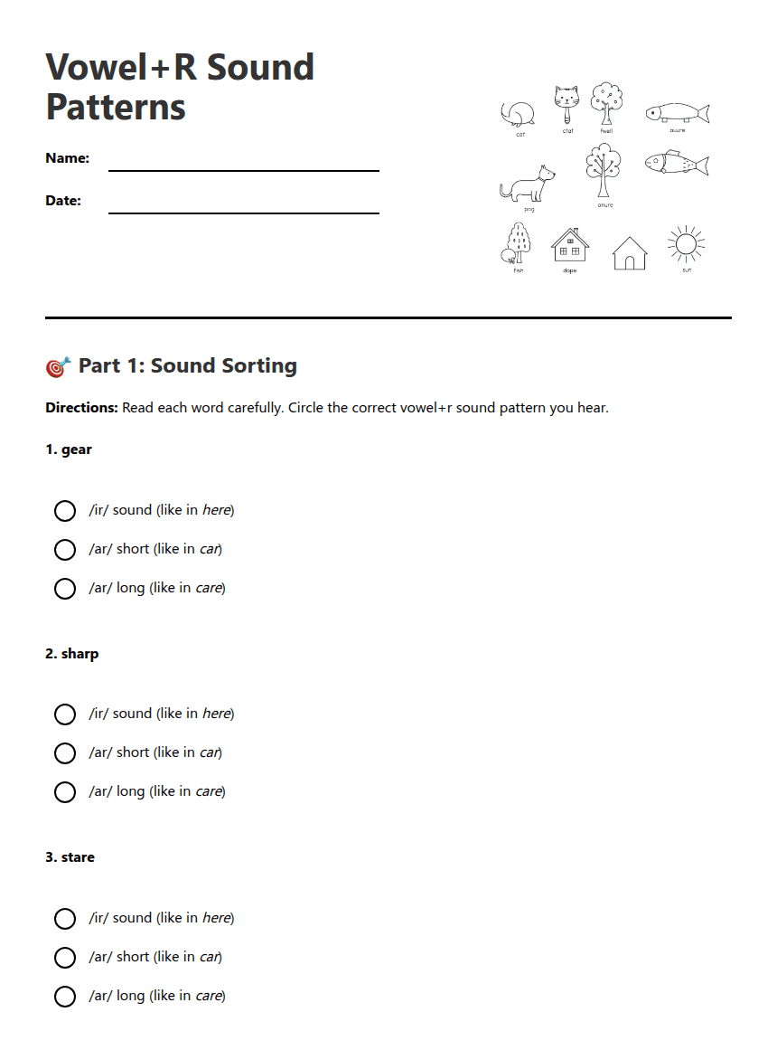 Vowel+R Sound Patterns worksheet preview