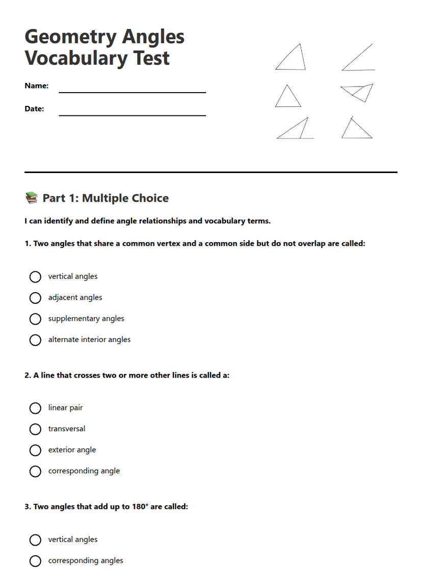 Geometry Angles Vocabulary Test