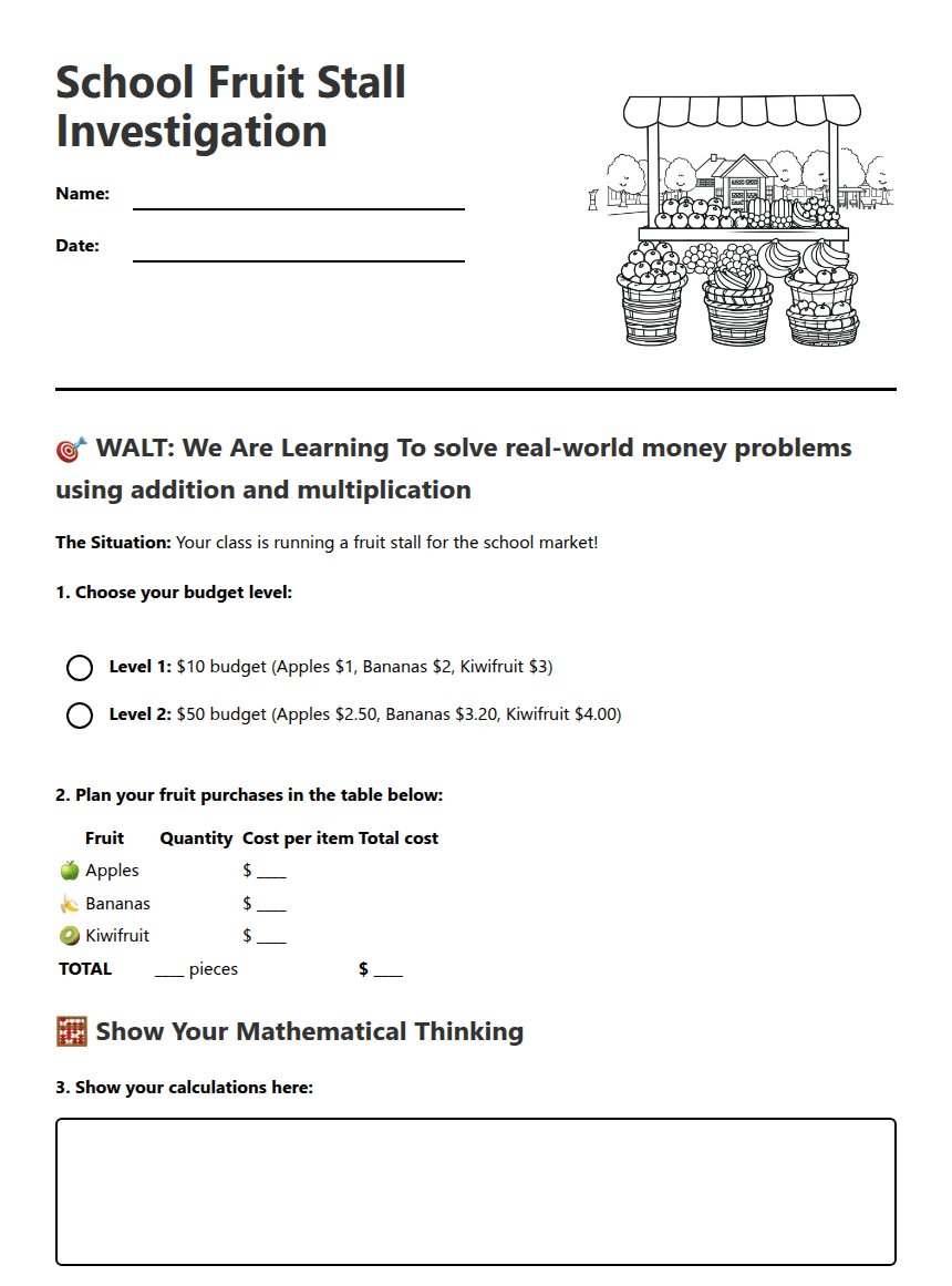 School Fruit Stall Investigation worksheet preview
