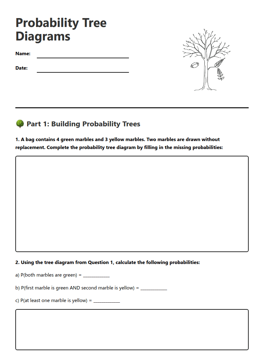 Probability Tree Diagrams worksheet preview