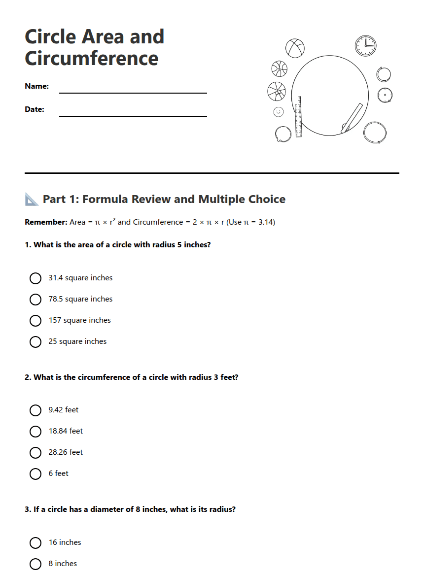 Circle Area and Circumference worksheet preview