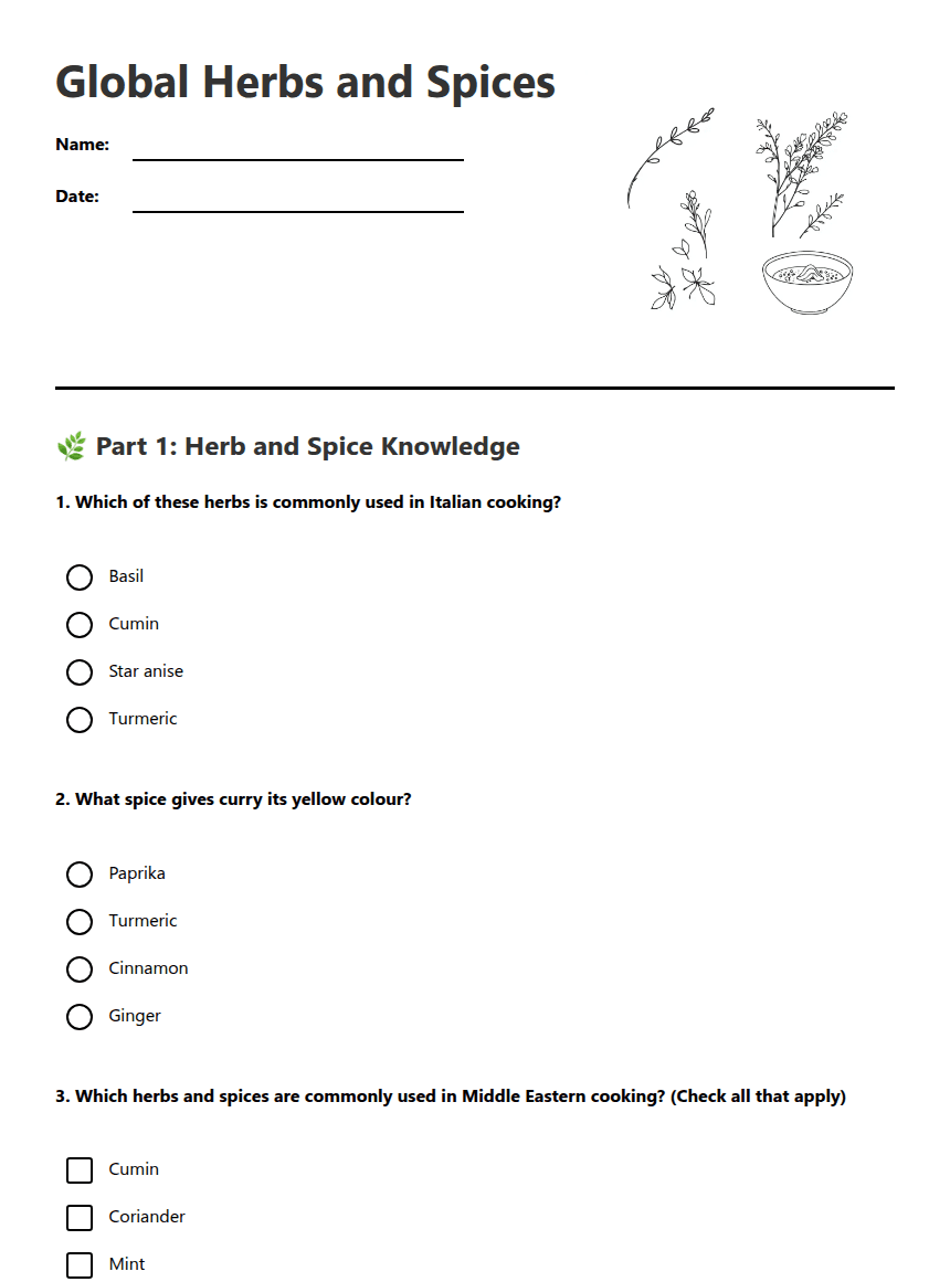 Global Herbs and Spices worksheet preview