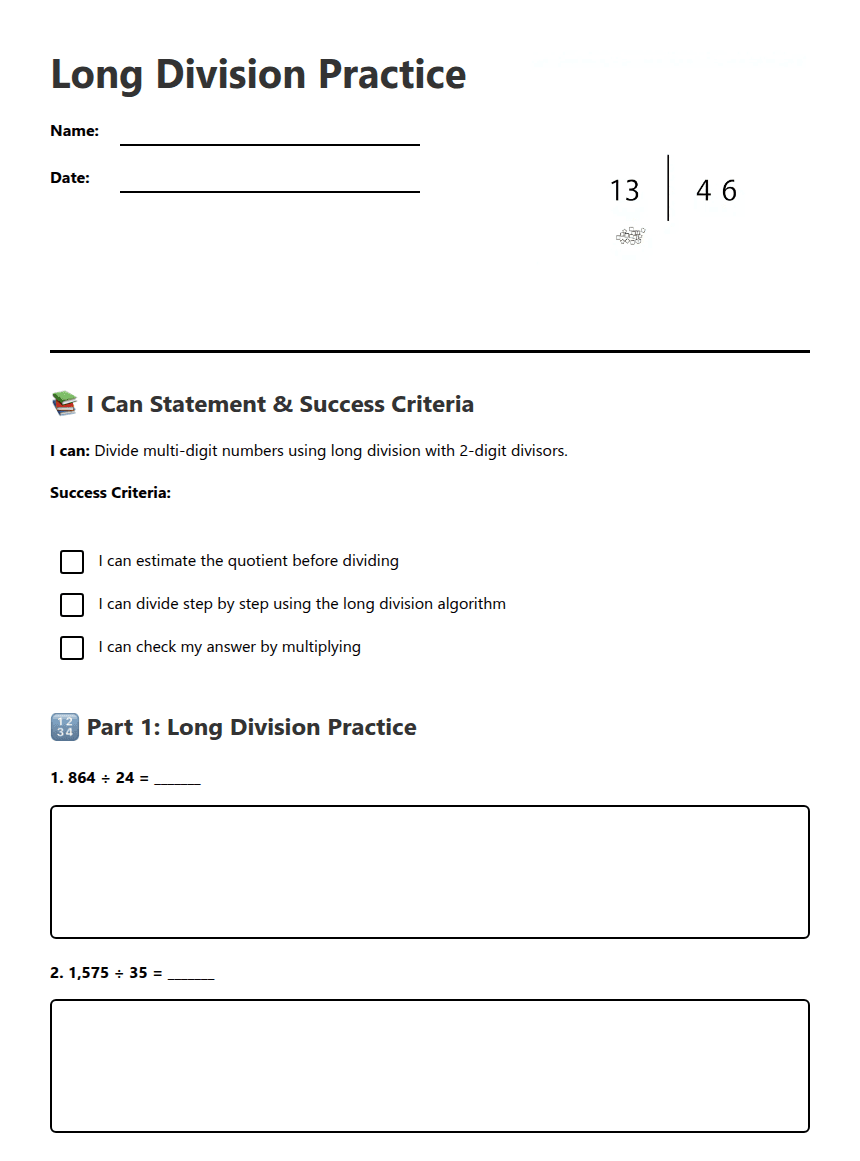 Long Division Practice worksheet preview