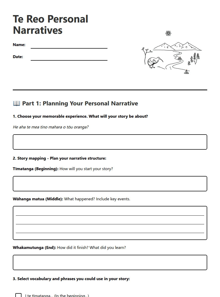 Te Reo Personal Narratives worksheet preview