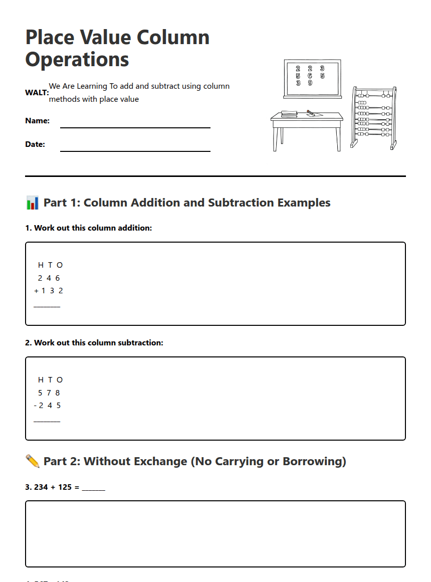 Place Value Column Operations worksheet preview