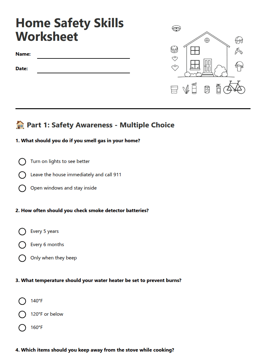 Home Safety Skills Worksheet worksheet preview