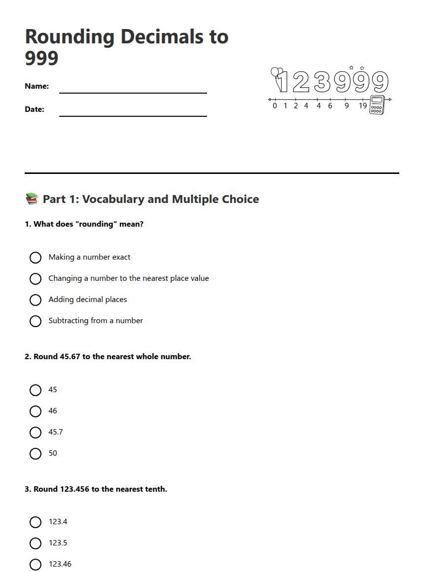 Rounding Decimals to 999 worksheet preview