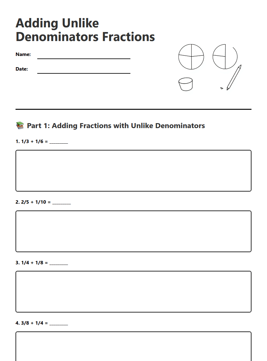 Adding Unlike Denominators Fractions worksheet preview