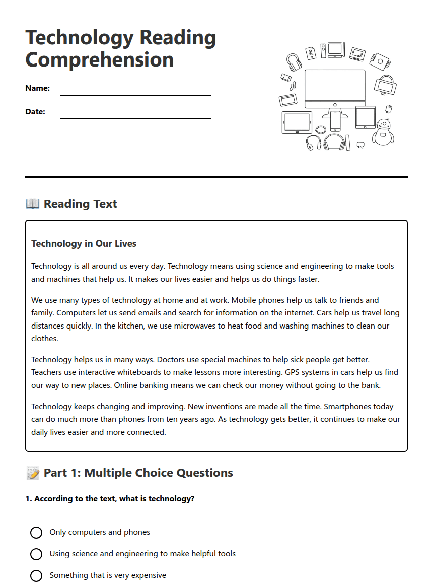 Technology Reading Comprehension worksheet preview