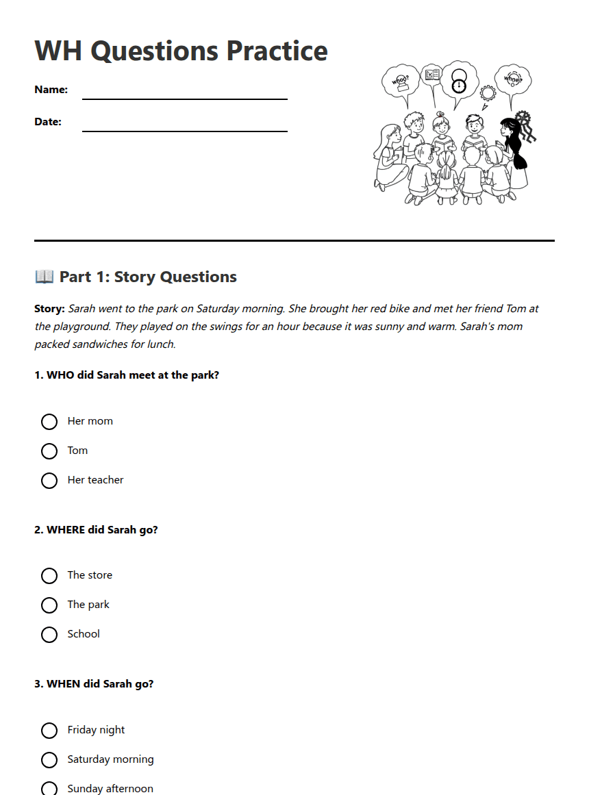 WH Questions Practice worksheet preview