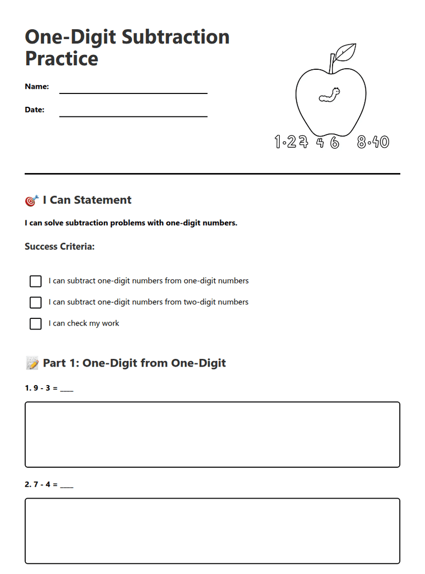 One-Digit Subtraction Practice
