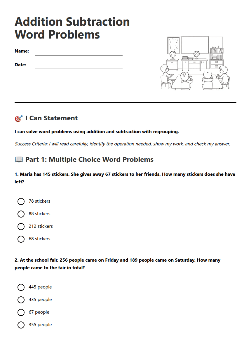 Addition Subtraction Word Problems worksheet preview