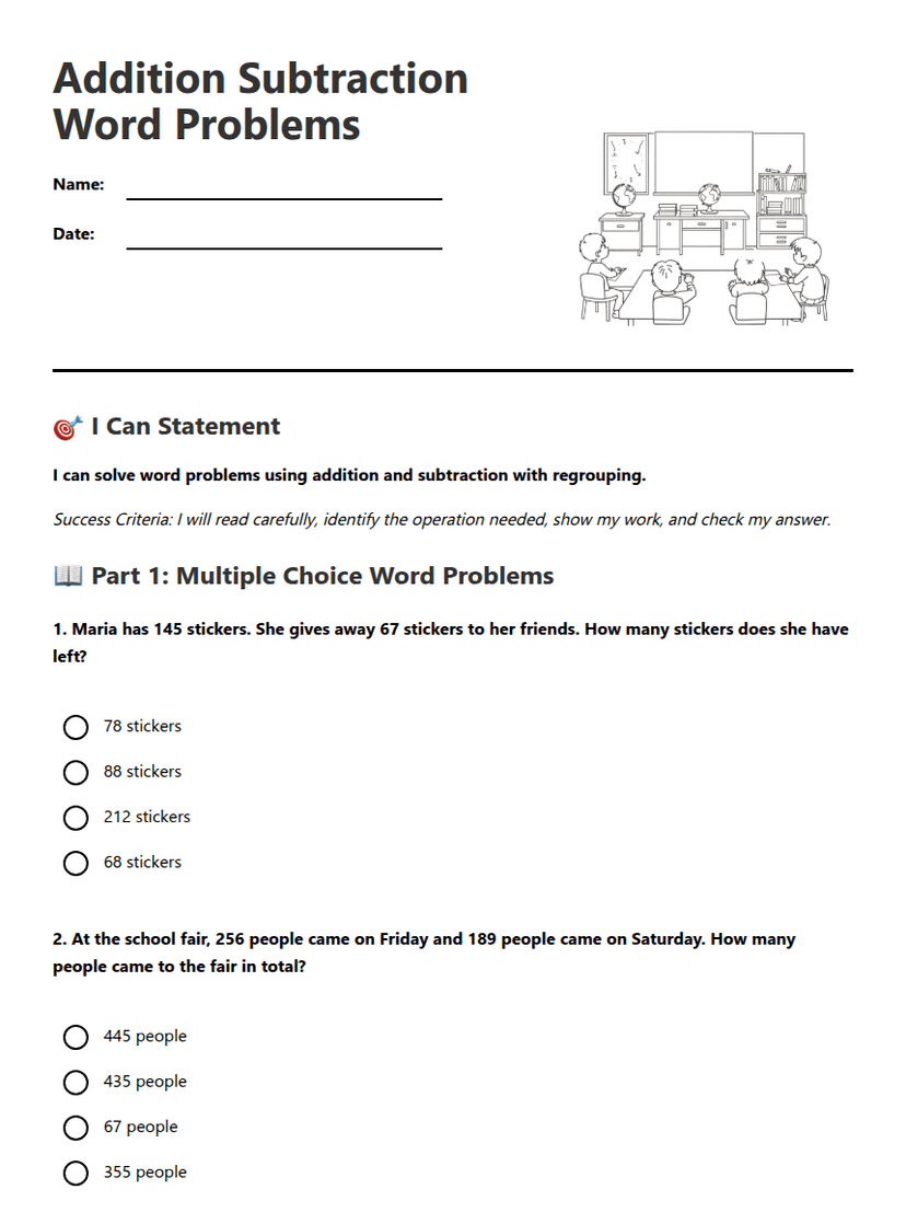 Addition Subtraction Word Problems