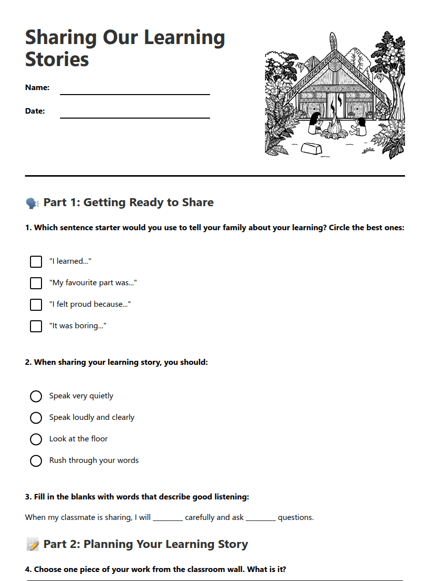 Sharing Our Learning Stories worksheet preview