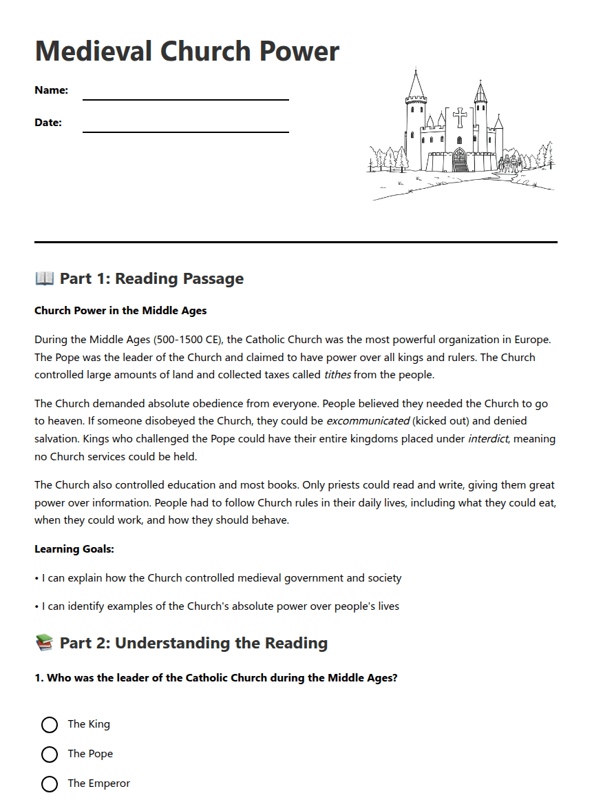 Medieval Church Power worksheet preview