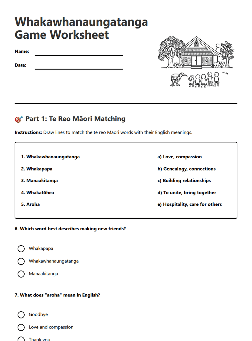 Whakawhanaungatanga Game Worksheet