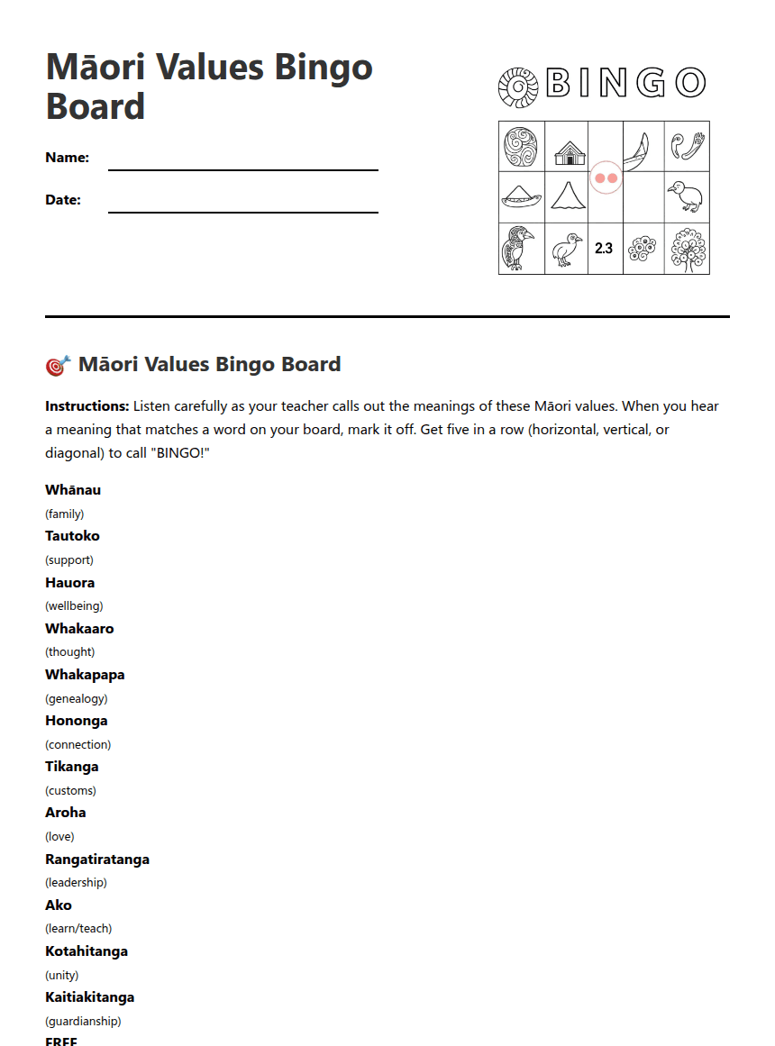Māori Values Bingo Board worksheet preview
