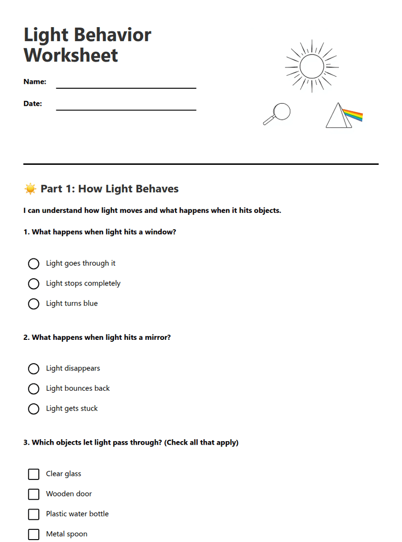 Light Behavior Worksheet