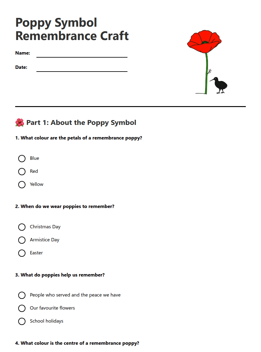 Poppy Symbol Remembrance Craft worksheet preview