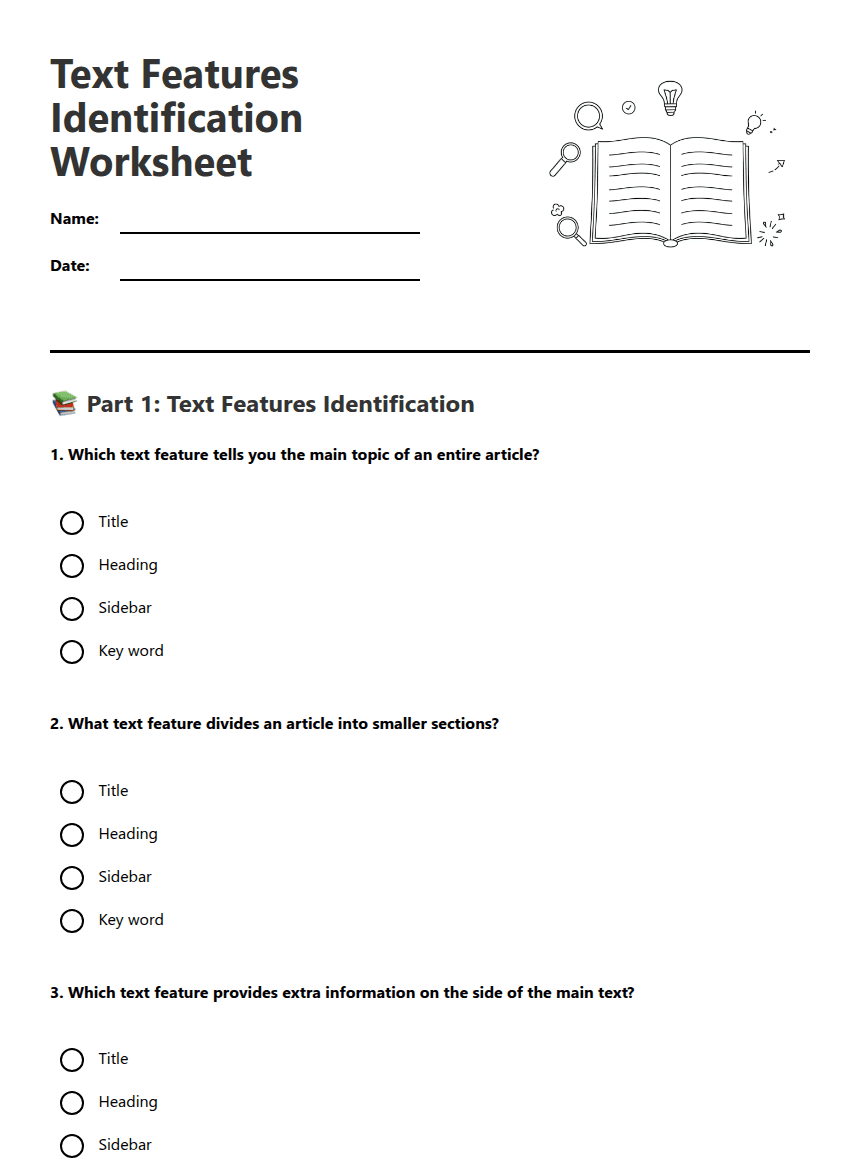 Text Features Identification Worksheet worksheet preview