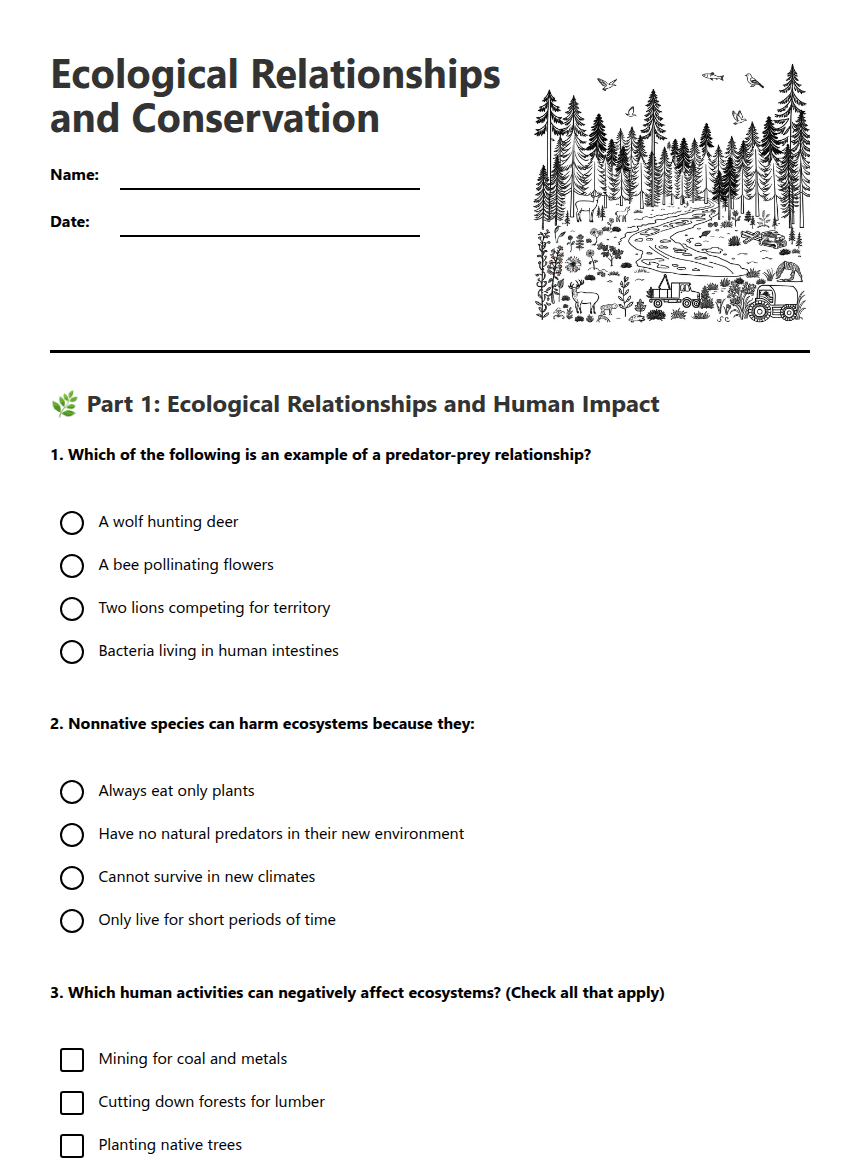 Ecological Relationships and Conservation worksheet preview