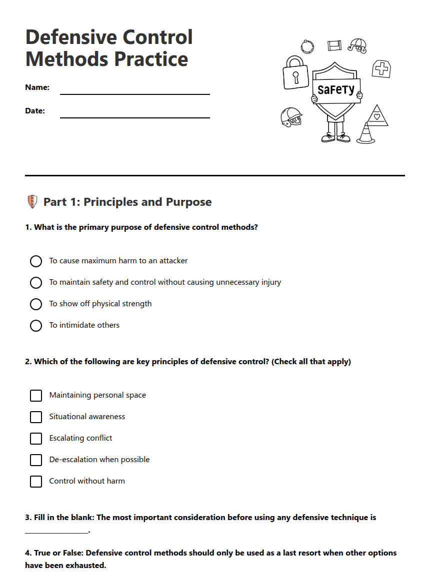 Defensive Control Methods Practice worksheet preview