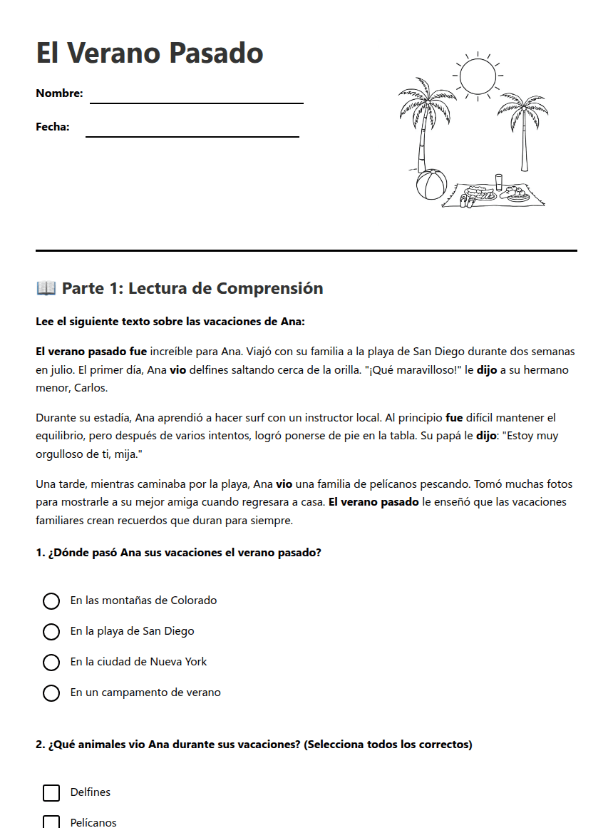 El Verano Pasado worksheet preview
