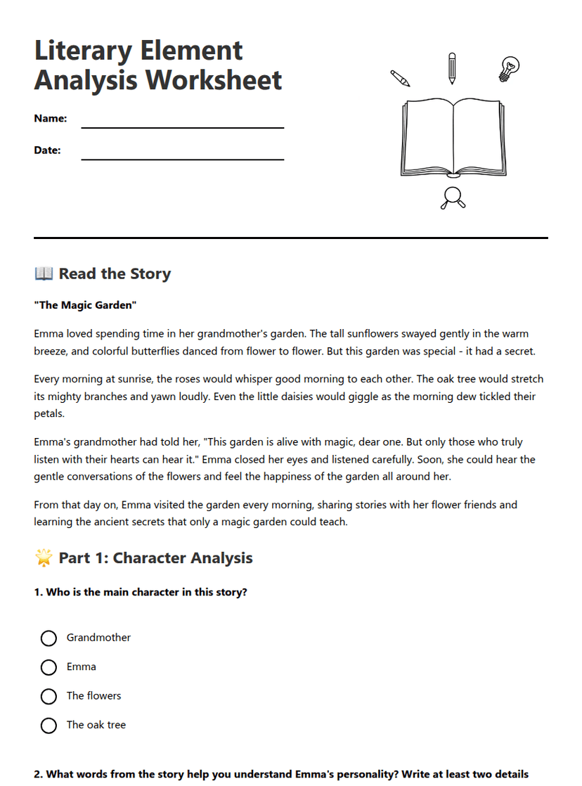 Literary Element Analysis Worksheet