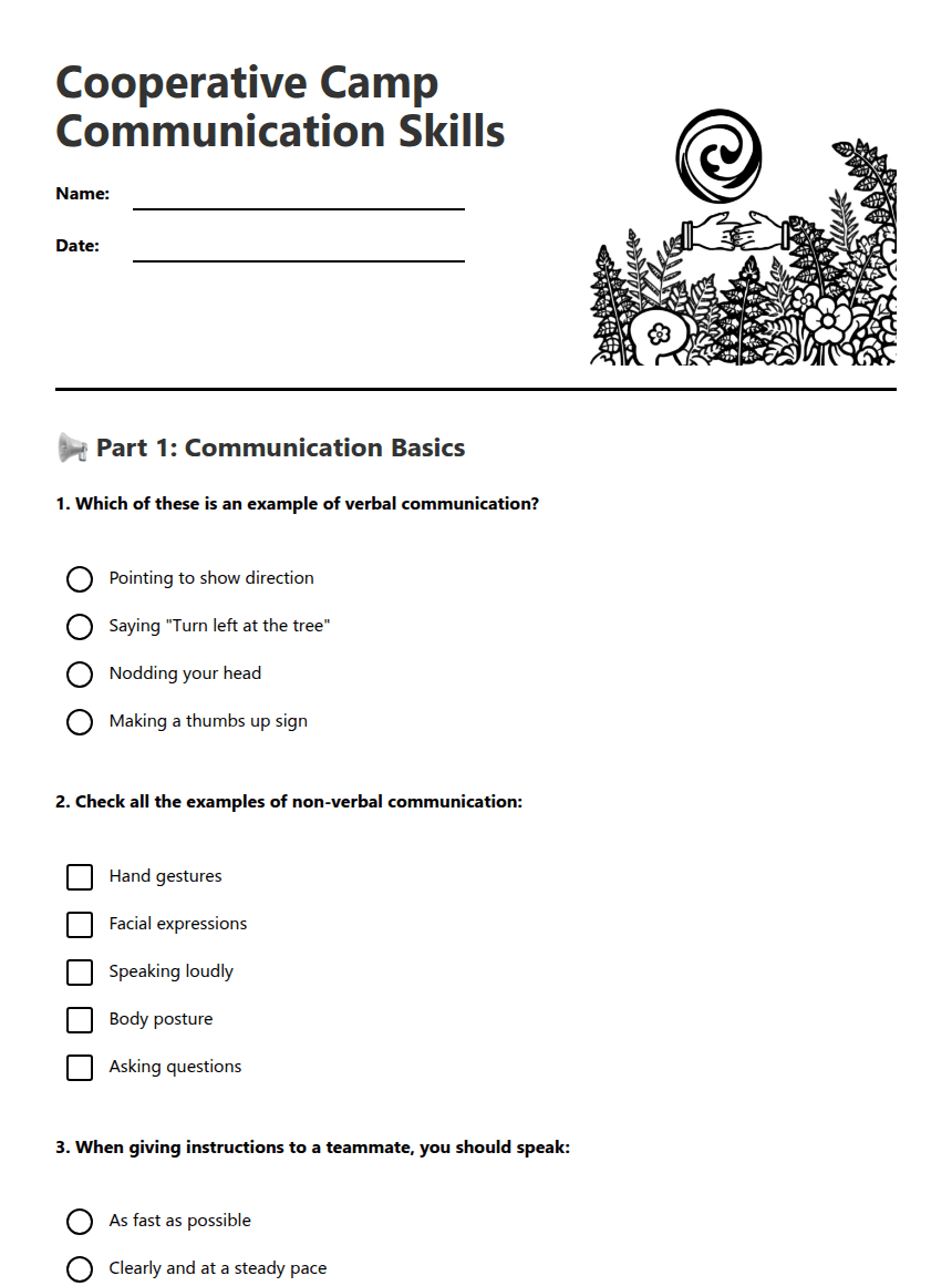 Cooperative Camp Communication Skills worksheet preview