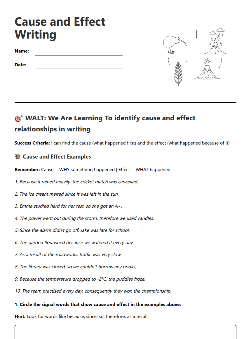 Cause and Effect Writing worksheet preview