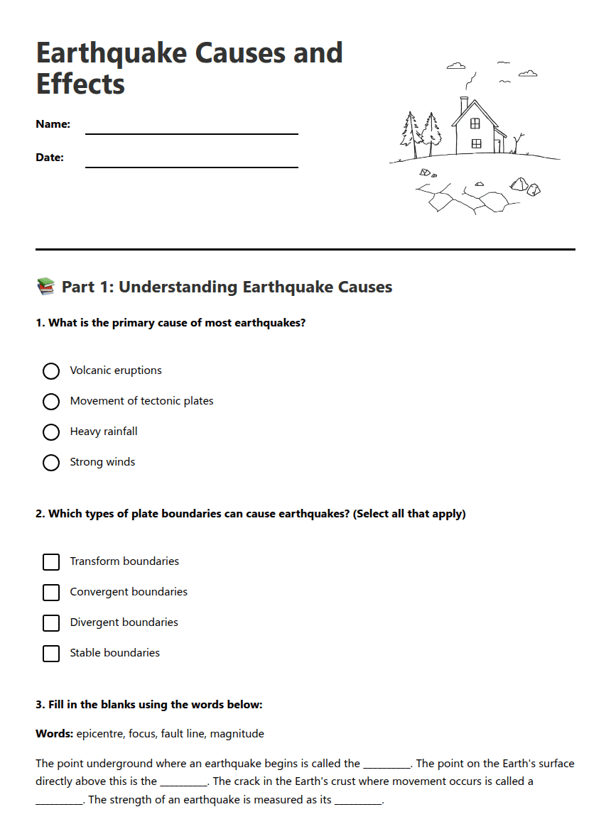 Earthquake Causes and Effects worksheet preview