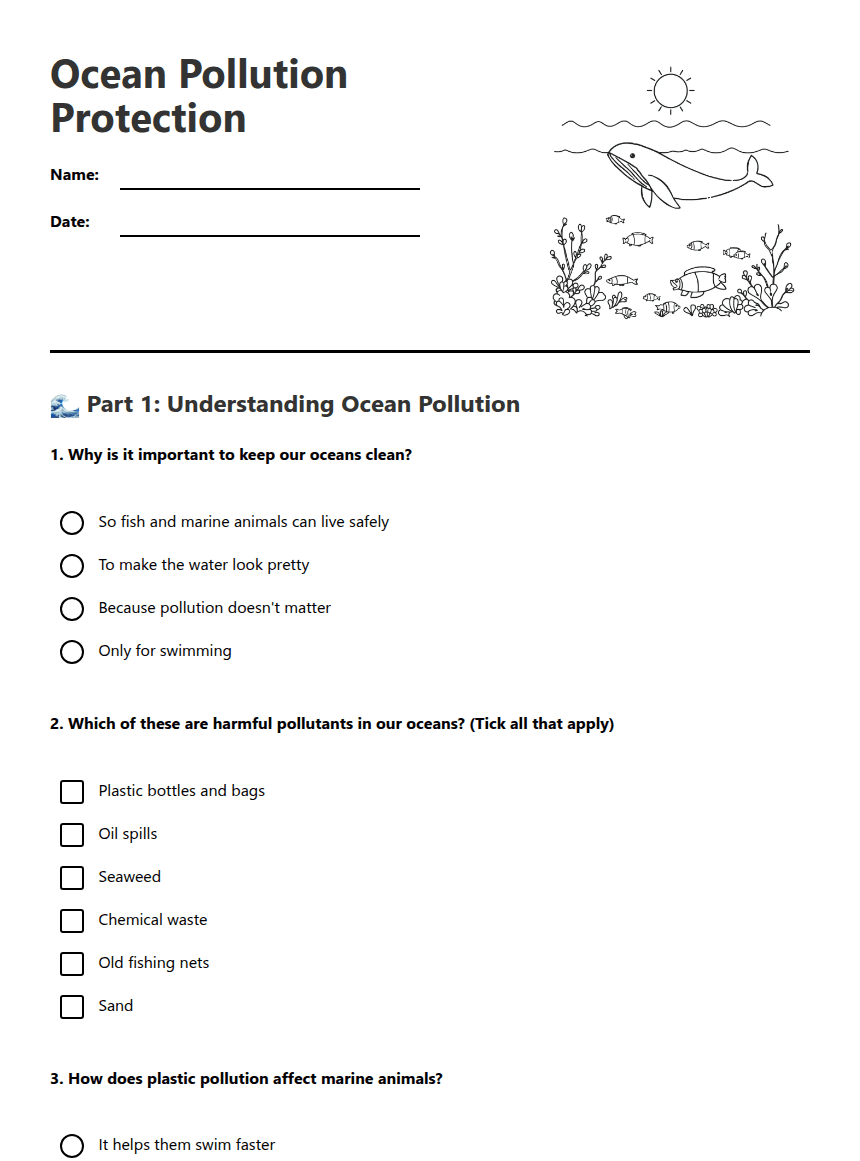 Ocean Pollution Protection worksheet preview