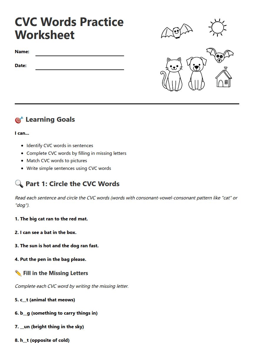 CVC Words Practice Worksheet worksheet preview