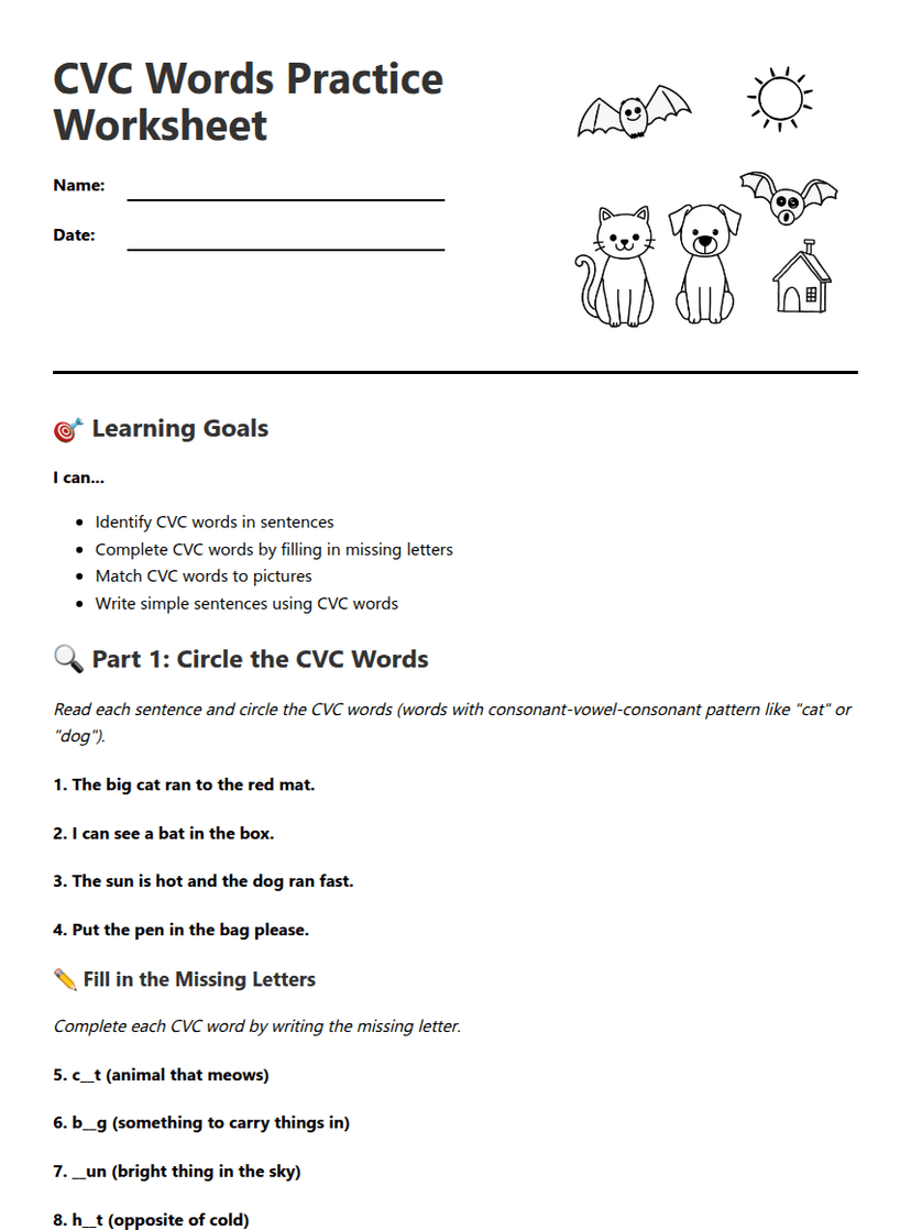 CVC Words Practice Worksheet