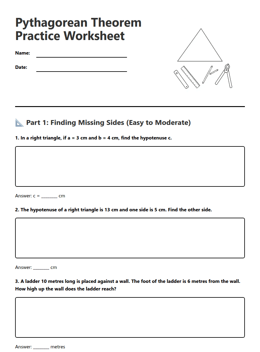 Pythagorean Theorem Practice Worksheet worksheet preview