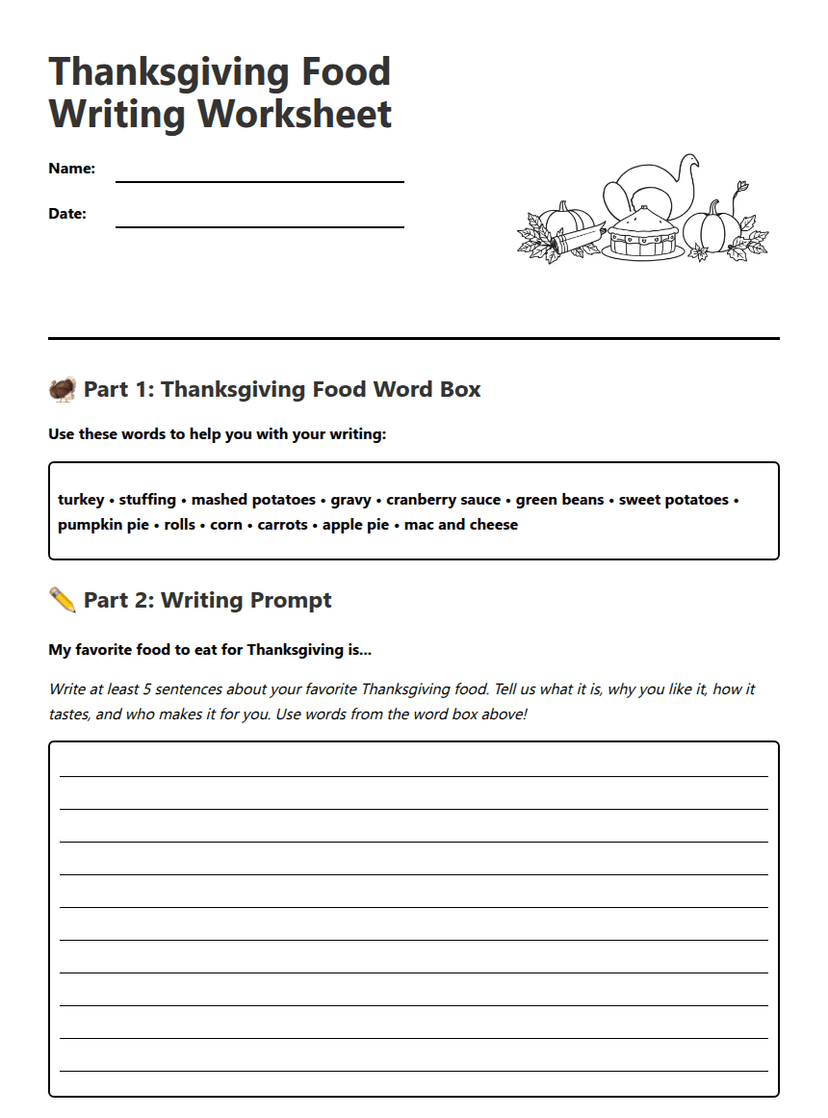 Thanksgiving Food Writing Worksheet