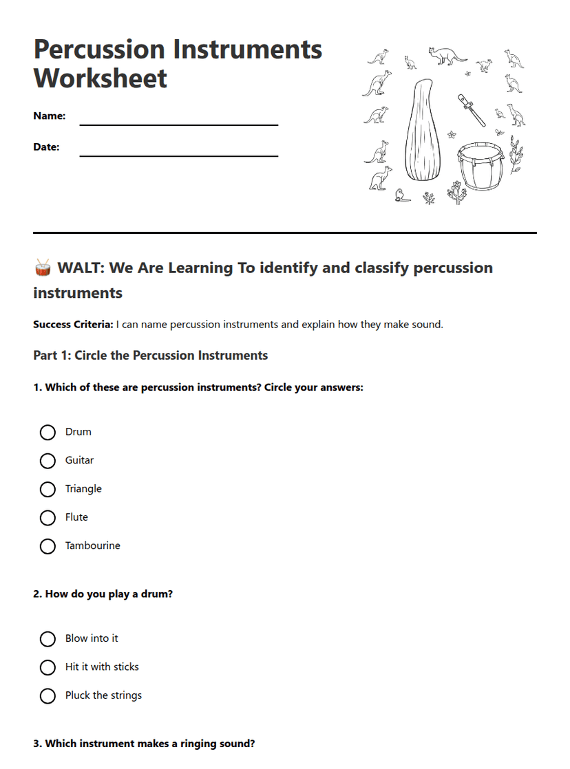 Percussion Instruments Worksheet