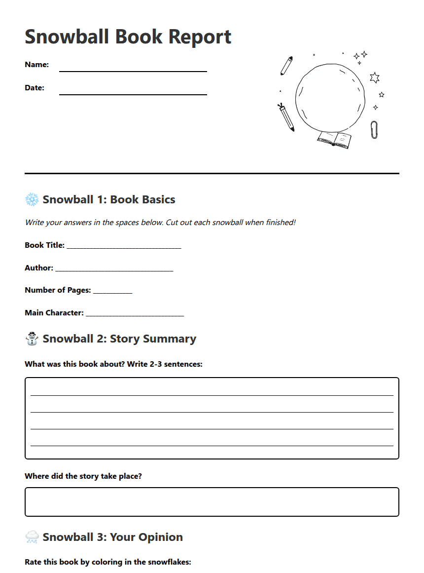 Snowball Book Report worksheet preview