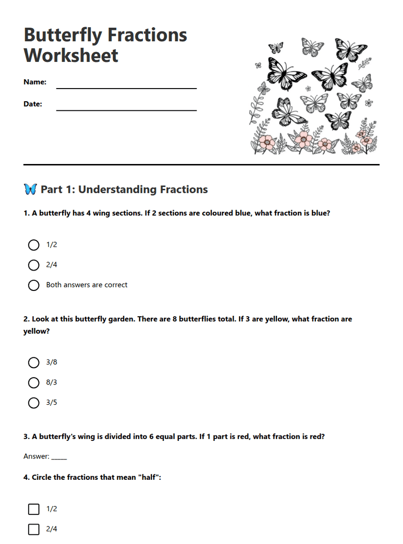 Butterfly Fractions Worksheet