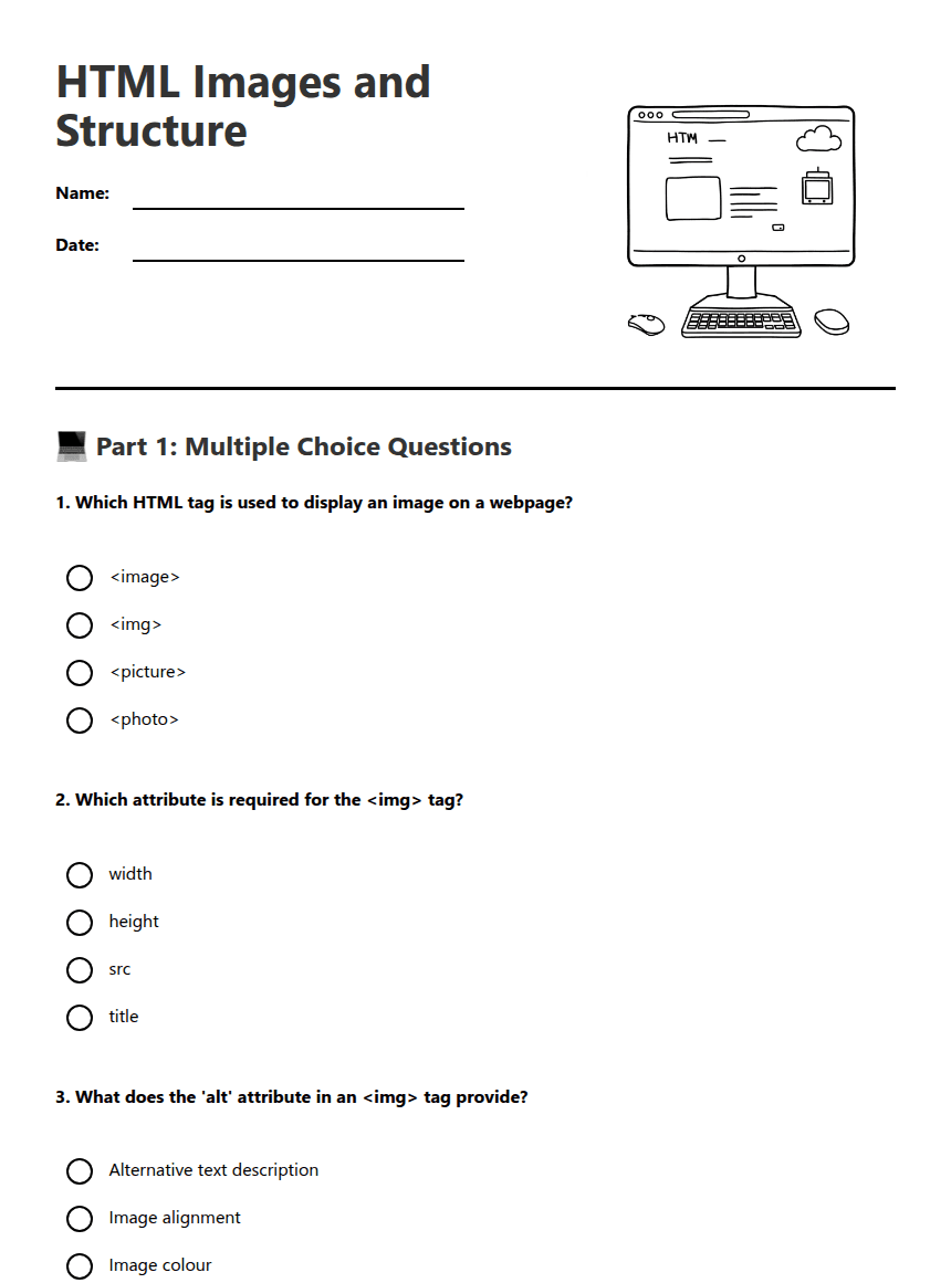 HTML Images and Structure worksheet preview