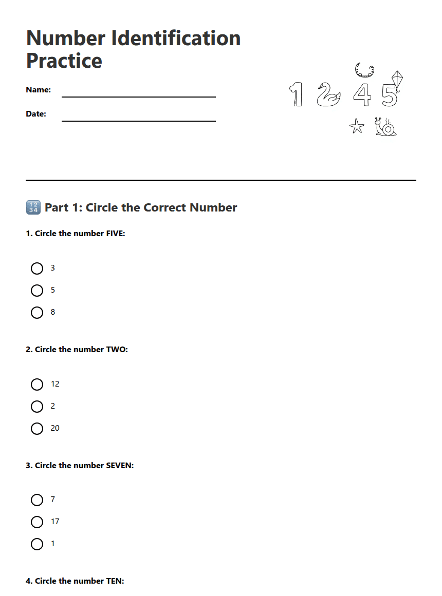 Number Identification Practice worksheet preview