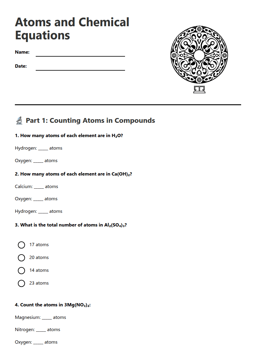 Atoms and Chemical Equations worksheet preview