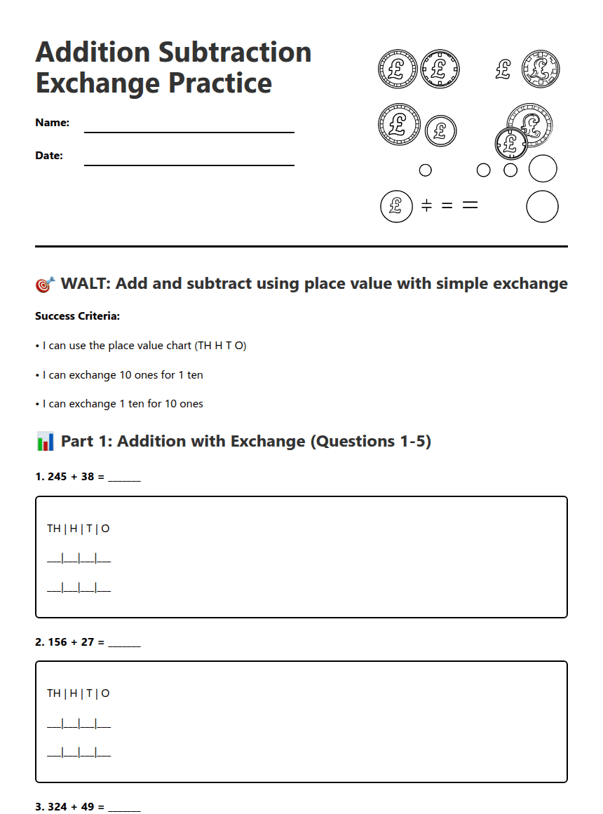 Addition Subtraction Exchange Practice worksheet preview