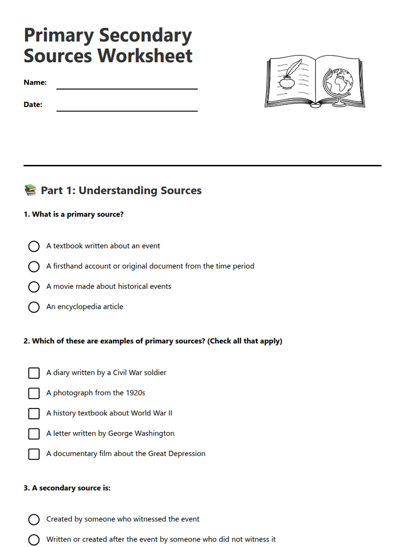 Primary Secondary Sources Worksheet