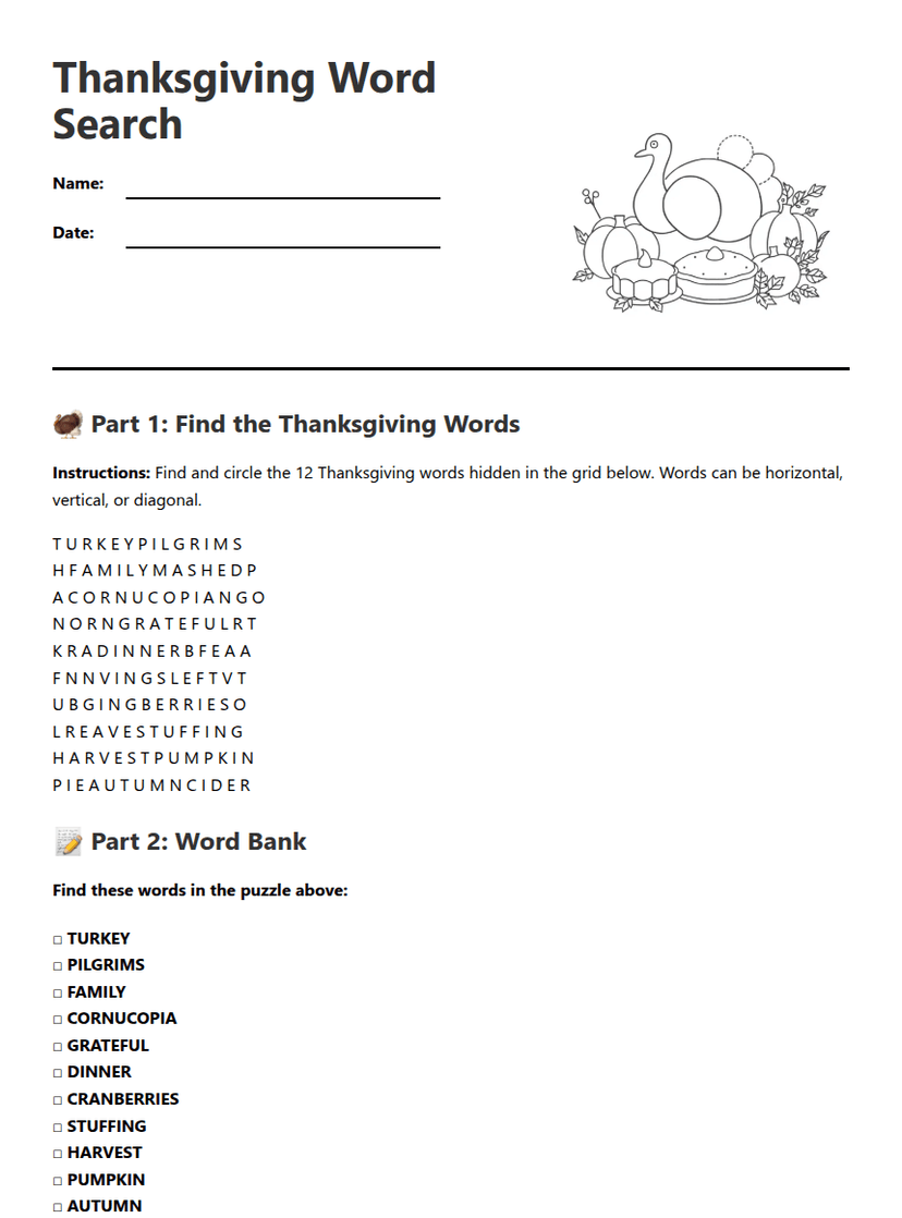 Thanksgiving Word Search