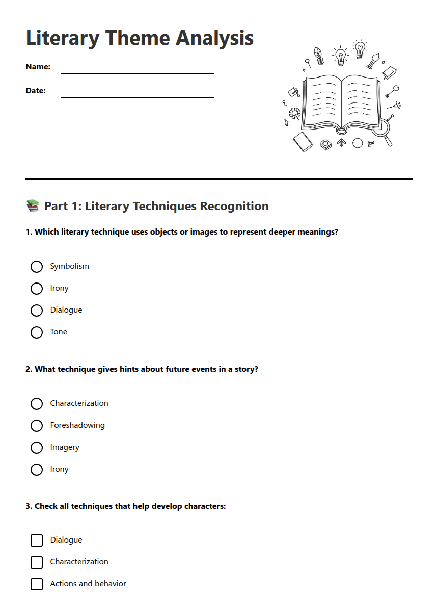 Literary Theme Analysis worksheet preview