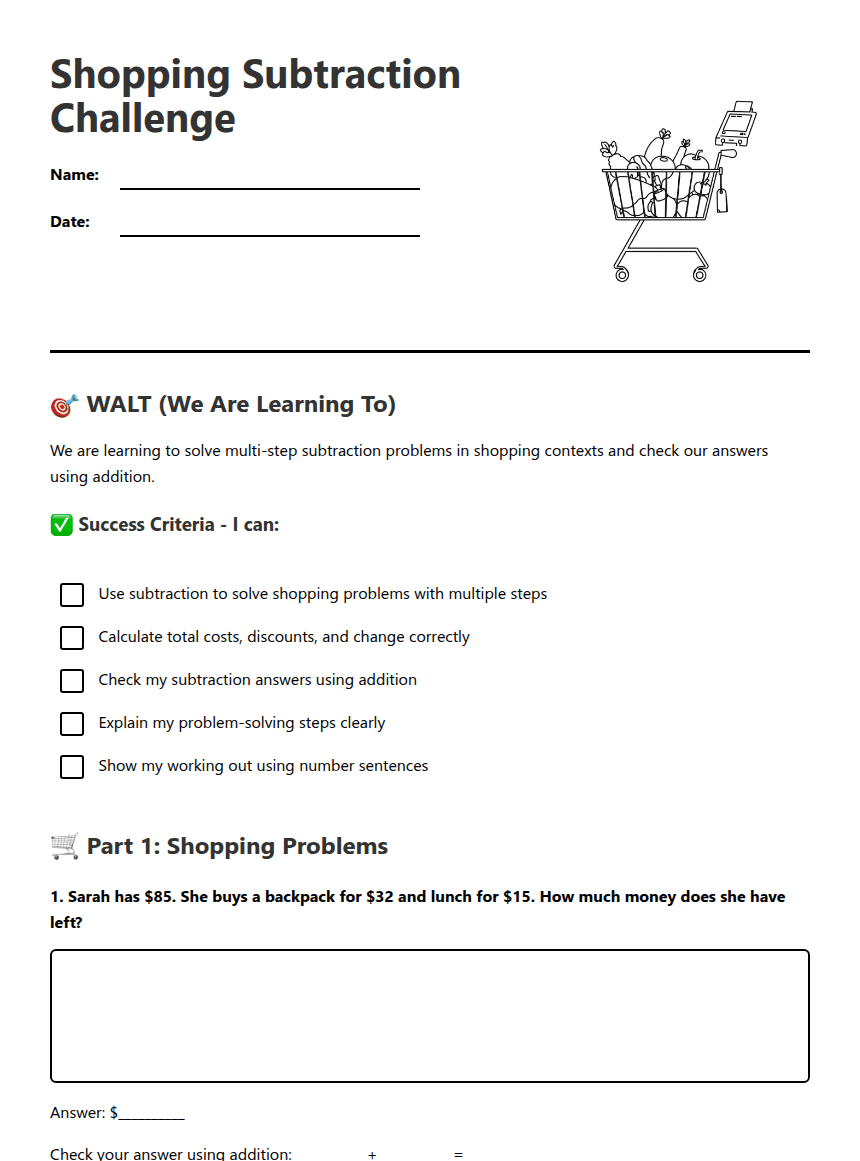 Shopping Subtraction Challenge worksheet preview