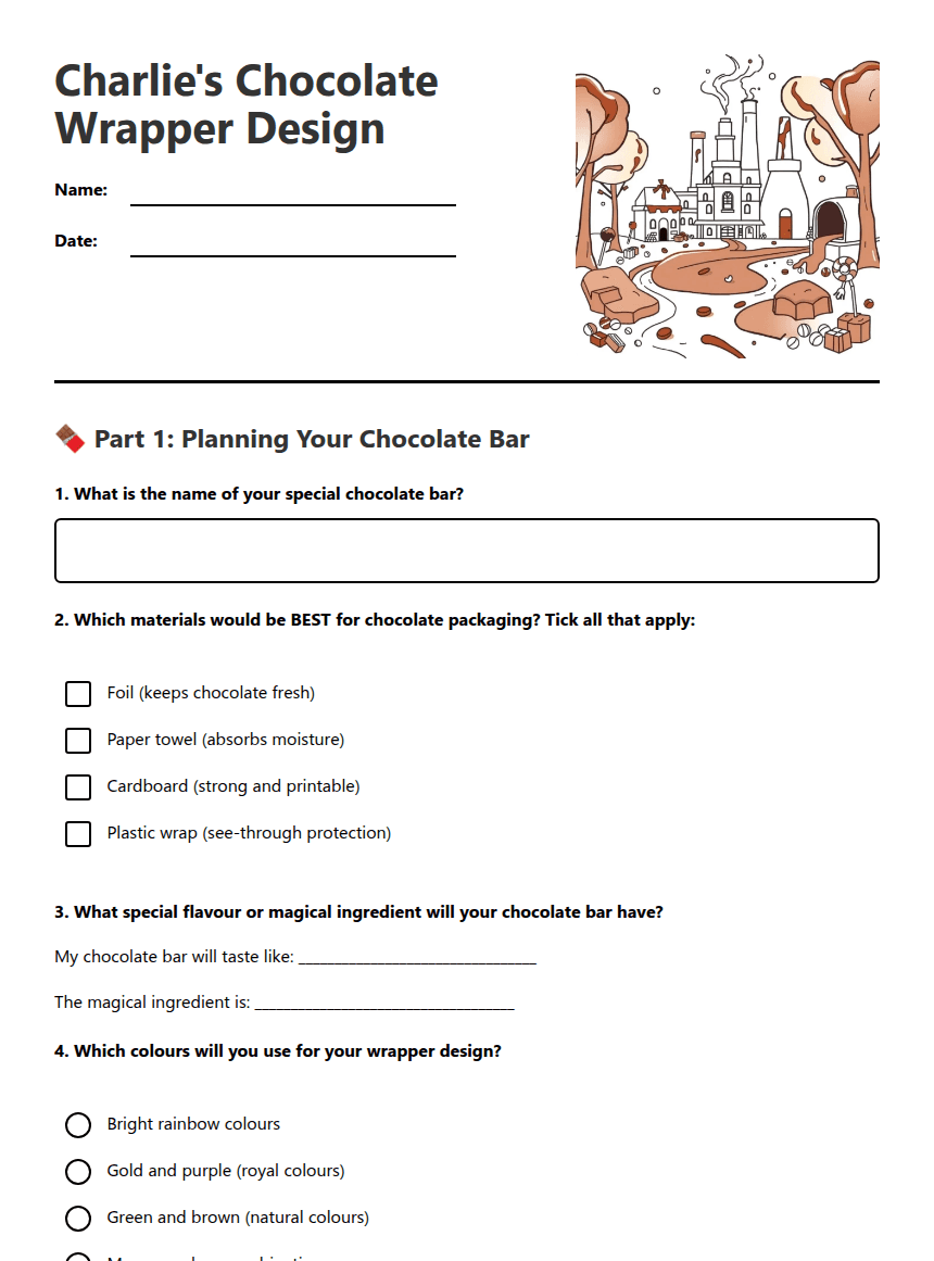 Charlie's Chocolate Wrapper Design worksheet preview