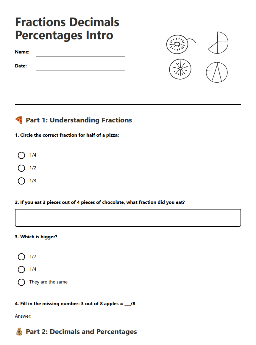 Fractions Decimals Percentages Intro worksheet preview